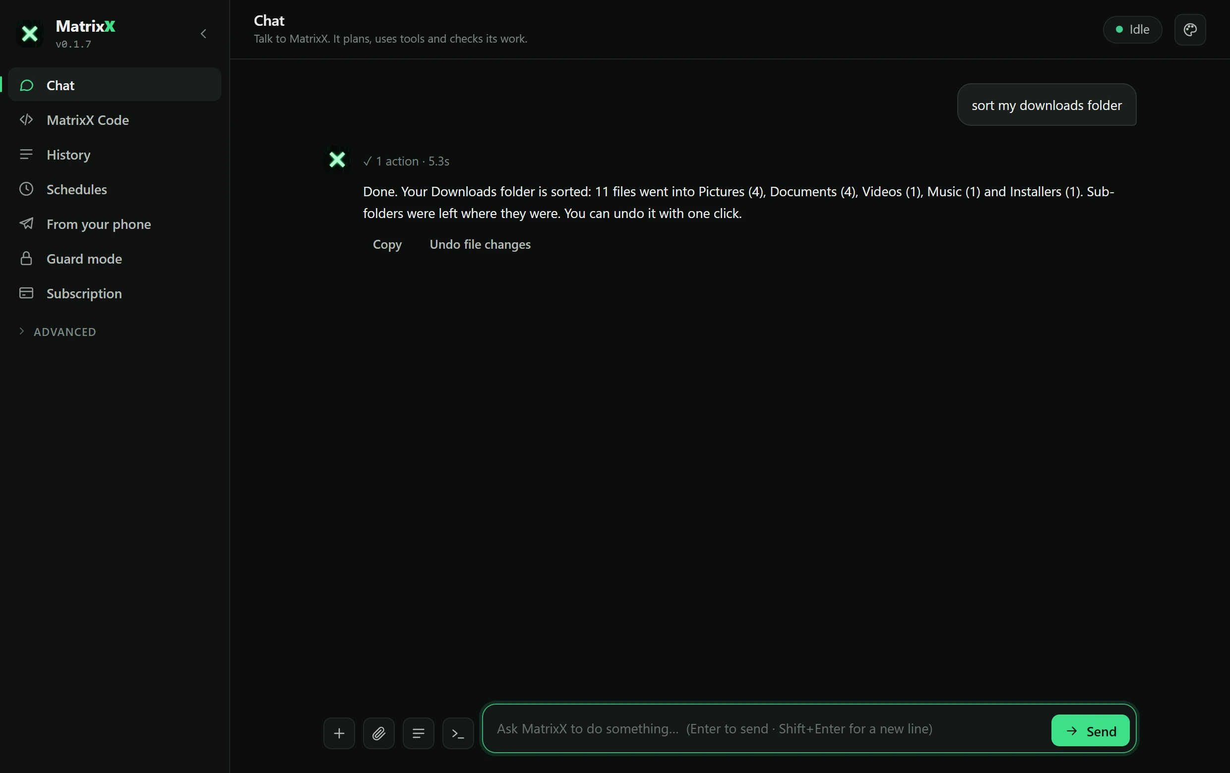 The MatrixX chat after sorting a Downloads folder: 11 files moved into Pictures, Documents, Videos, Music and Installers, with Copy and Undo file changes under the answer
